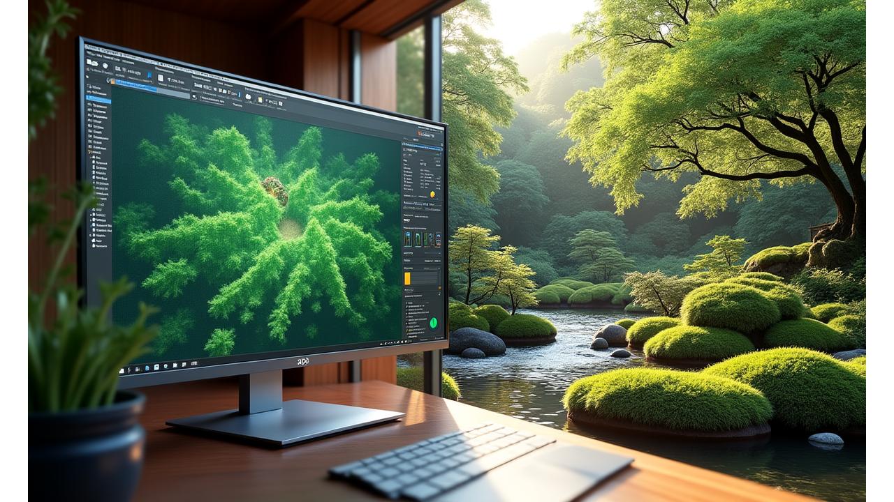 ランドスケープ設計ソフトウェアの画面と緑豊かな庭園の俯瞰図を組み合わせたコース紹介動画のサムネイル