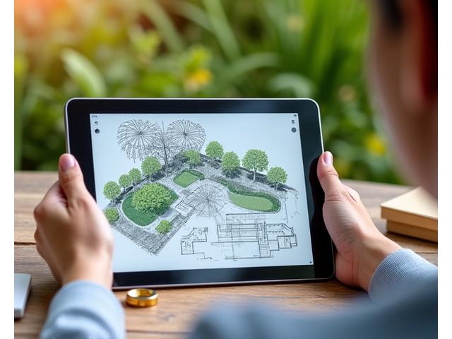 中級者がタブレットを使って庭の設計図を検討している様子