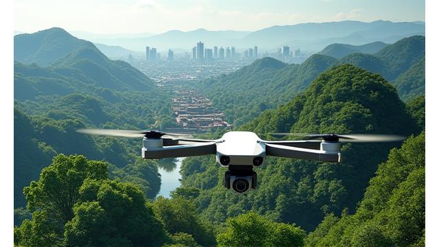 ドローンが広大なランドスケープを撮影している様子、上空からの衛星画像が重なる