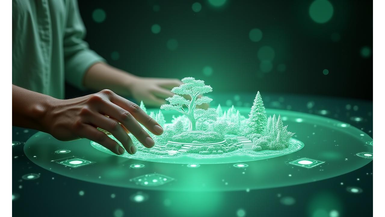 AIによる未来型ランドスケープ設計図とそれを操作するデザイナーの手元