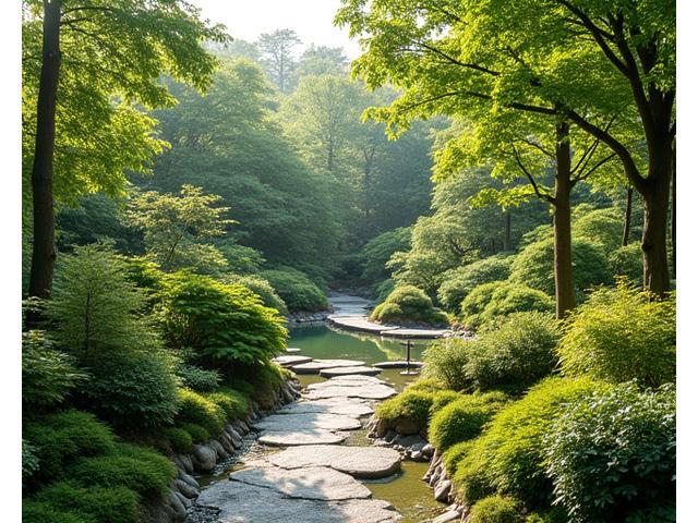 Myotropinexia テラルート・アカデミーの実習庭園の風景。手入れされた多様な植物と小道を背景に、自然光が差し込む穏やかな雰囲気。