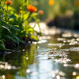 美しい水辺環境のある庭園、カエルやトンボが見える
