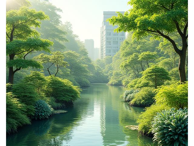 自然豊かな庭園と生態系概念図の組み合わせ