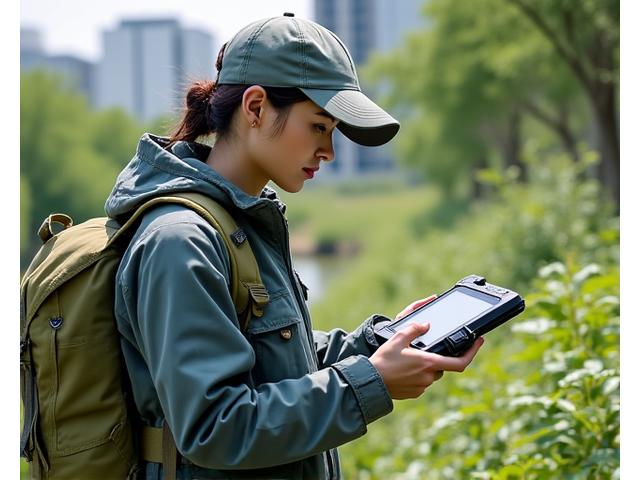 研究者が環境モニタリング機器を使用している現場
