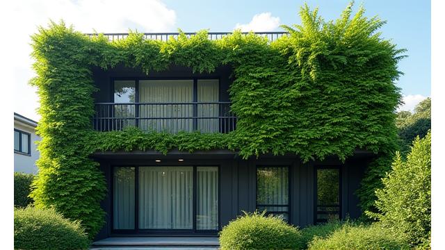 夏に壁一面を緑の植物が覆い、涼しげな印象を与える住宅