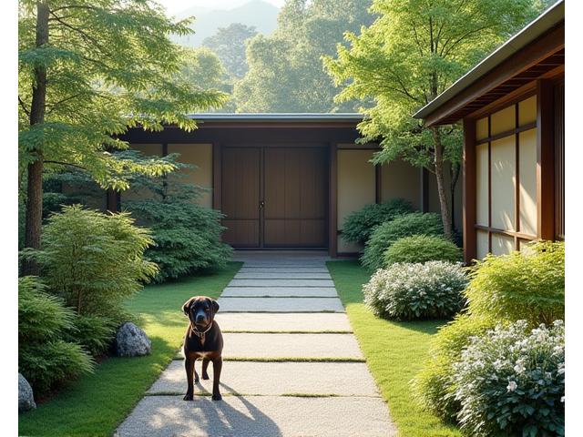 犬が駆け回れる安全なスペースと、猫が日向ぼっこできる段差のある、ペットに配慮した庭の様子