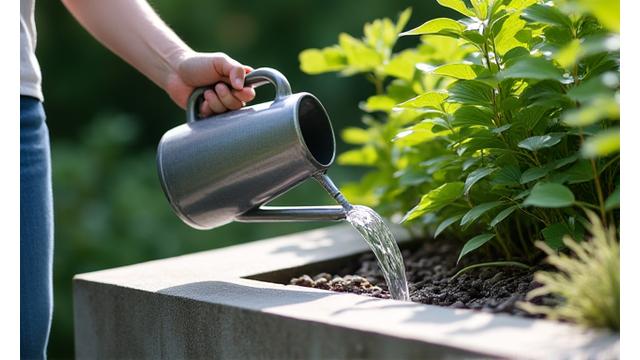庭の地下に設置された雨水貯留タンクと、庭の水やりに使われる様子