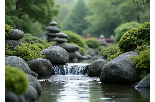 見事な石組みと水の流れのある日本庭園