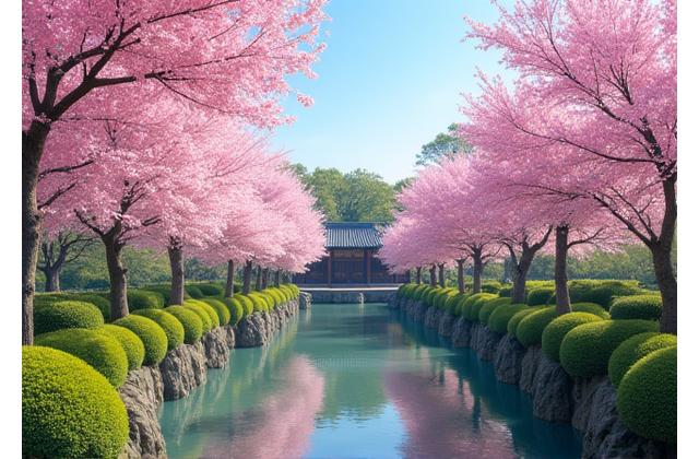 春の桜と新緑が美しい日本庭園