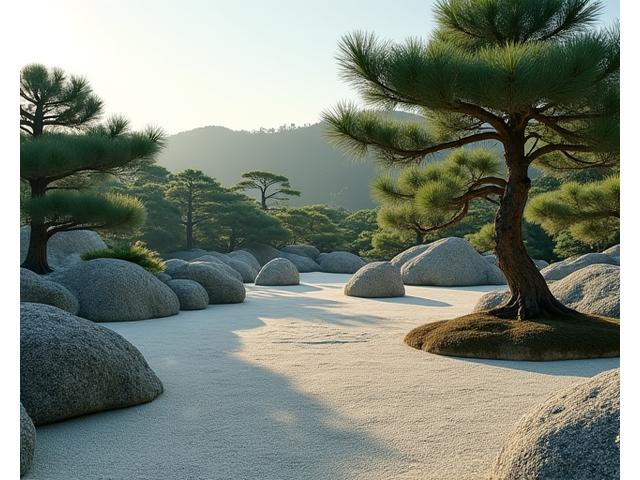 伝統的な枯山水庭園の全景