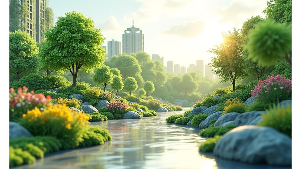 多様な専門分野を表すアイコンと緑の風景