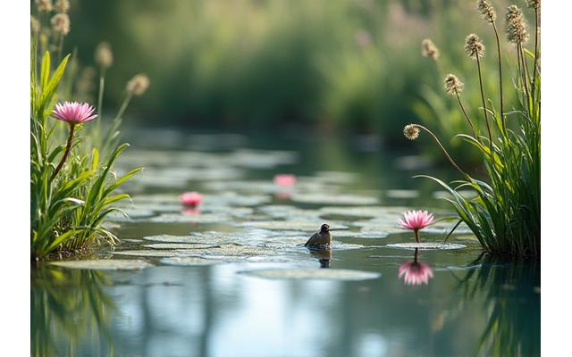 小さな池と様々な植物があり、鳥や蝶が訪れるビオトープのクローズアップ