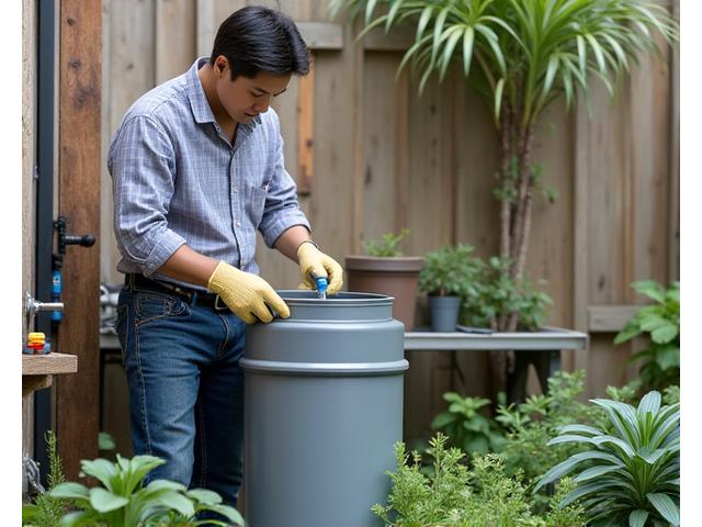 雨水タンクを設置し、ドリップ灌漑システムに接続している人々