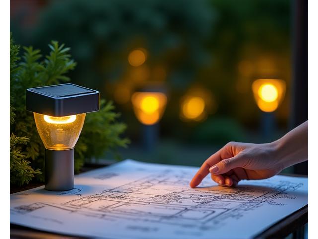 ソーラーライトを設置し、省エネルギー照明計画をボードで説明している講師
