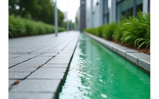 透水性舗装材で覆われたアプローチと、その横に緑のグリーンコンクリート