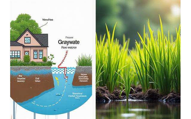 グレイウォーターを浄化し庭に再利用するシステムのフローチャートと、植物が茂る浄化槽