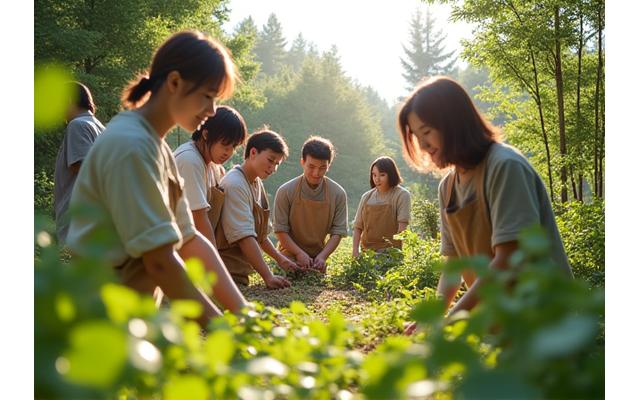 再生可能素材を使用したワークショップで造園作業を行う人々