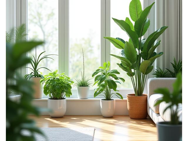 クリーンなオフィス空間で、緑豊かな観葉植物が配置され、空気清浄効果を象徴する清潔感のあるイメージ。