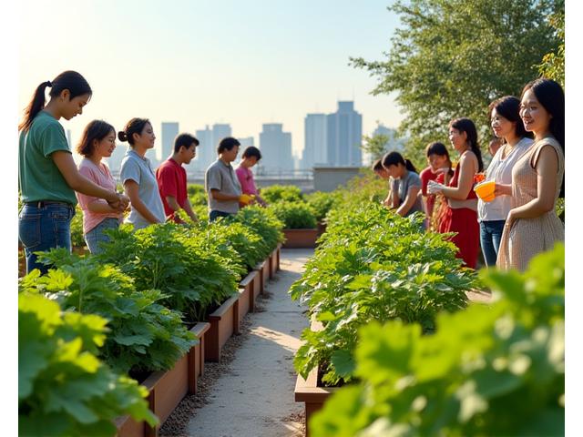 マンションの屋上で複数の住民が協力して野菜を育てている。