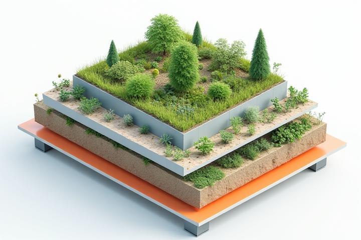 屋上緑化システムの構造図。軽量土壌層、防水層、排水層が明示されている。