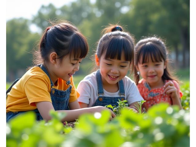 子供たちが学校の庭で先生と一緒に野菜を植えている。