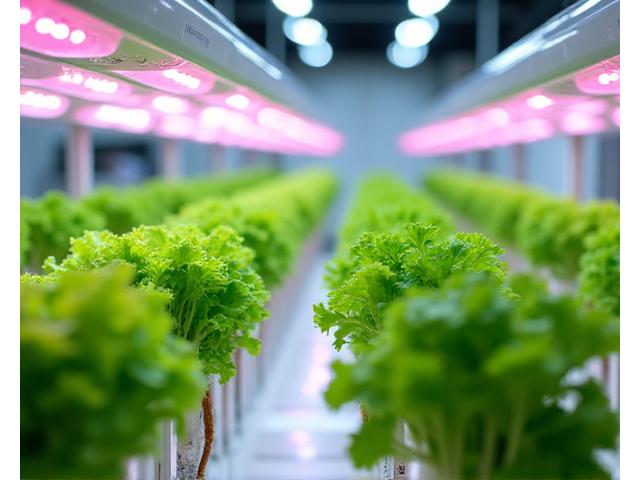 LED照明の下で水耕栽培されるレタス。